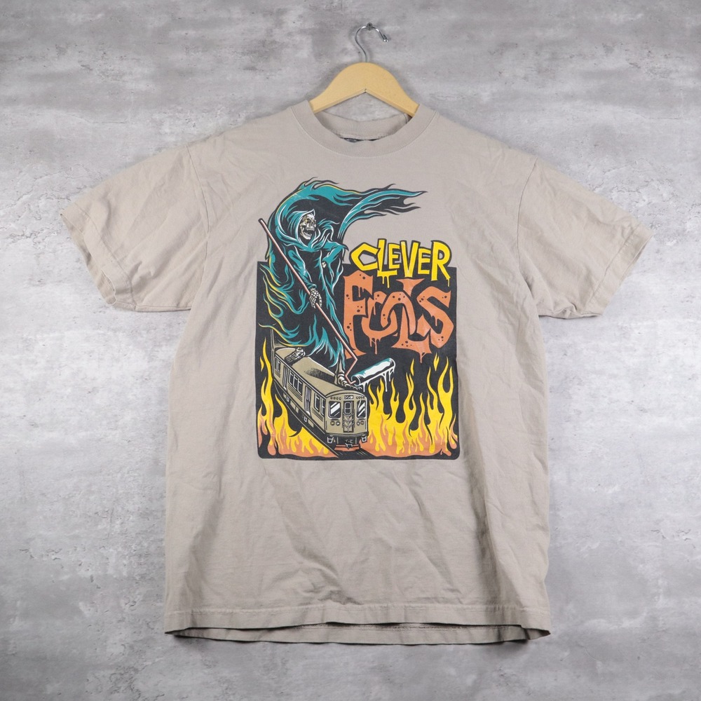 Modern Clever Fools Graphic T-Shirt Boxy Tan Grim Reaper Subway Fire Mens Large